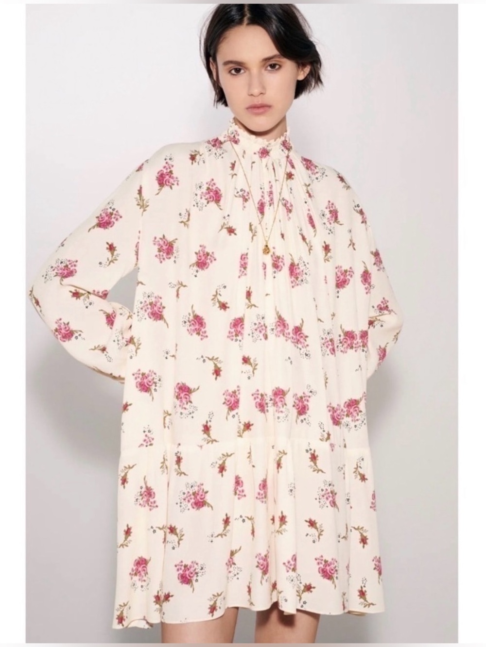 MAJE Floral Crepe Smocked Ruffle High Neck Long Sleeve Flounce Hem Mini Dress